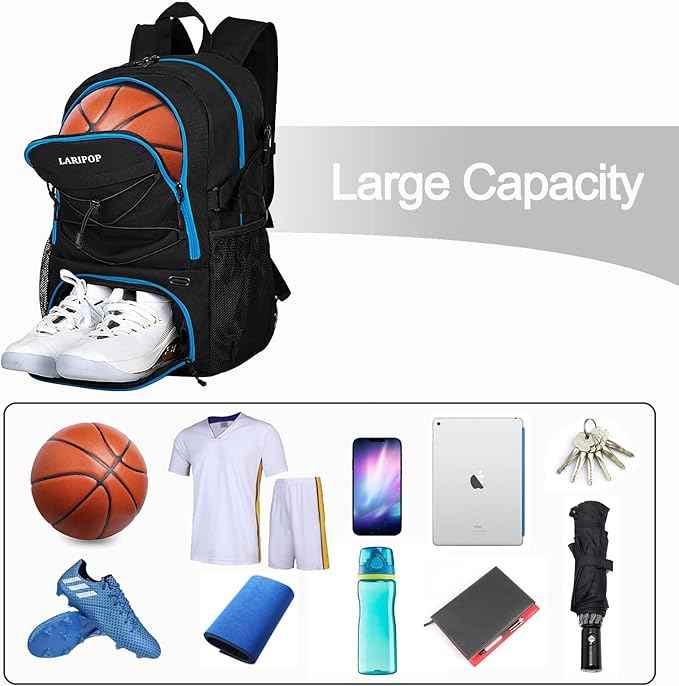 LARIPOP Basketball Bag, Sports Backpack with Ball Holder & Shoe Compartment, Water Resistant Gym Bag for Soccer Volleyball Travel