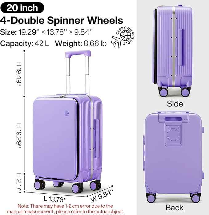 mixi Carry On Luggage with Cup Phone Holder and Charger Hard Shell Suitcases with Spinner Wheels,20 Inch Lilac Purple