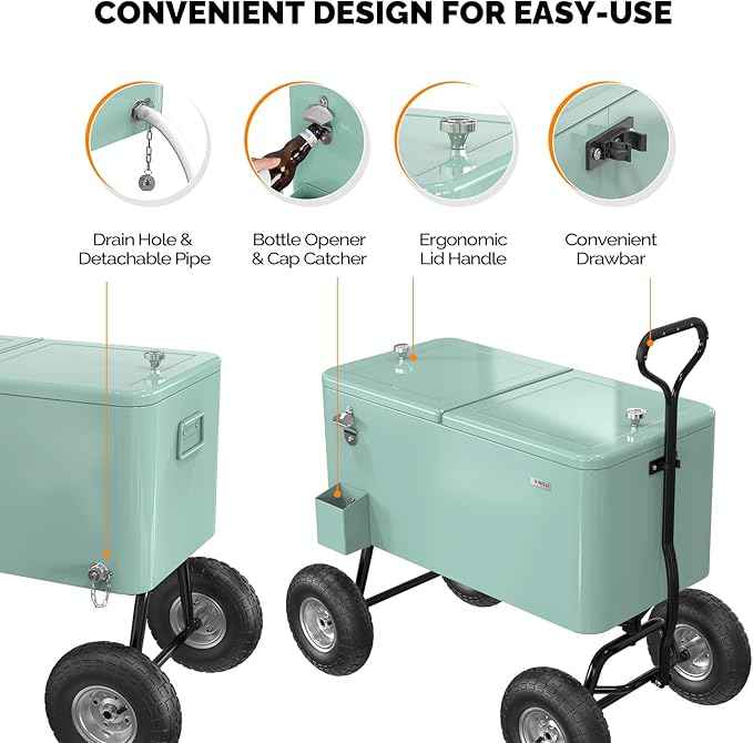 VINGLI 80 Quart Wagon Rolling Cooler Ice Chest, w/Long Handle and 10" Wheels, Portable Beach Patio Party Bar Cold Drink Beverage, Outdoor Park Cart on Wheels