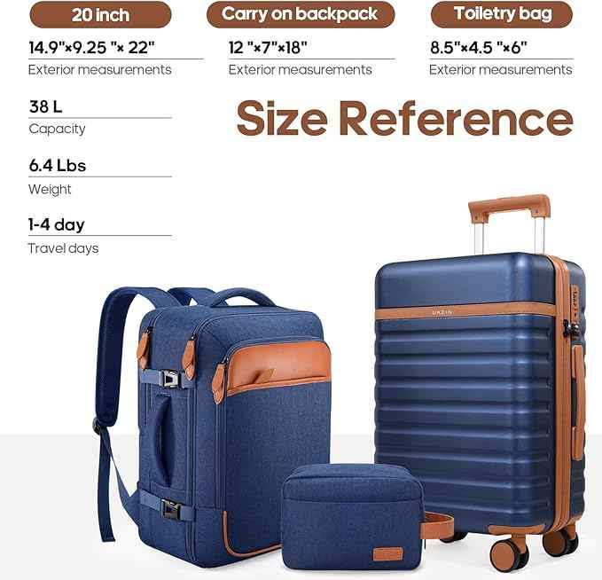 UKEIN Luggage Sets 3 Piece, Carry On Luggage 20In With Spinner Wheels,PC Hardside Suitcase Set with TSA Lock,Durable Carry On Suitcase With Travel Backpack for Men (Blue, 3 piece set (20inch))