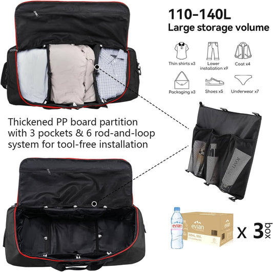 Vomgomfom Wheeled Collapsible Duffel Bag,110L-140L Expandable Checked Luggage, No-Telescopic-Handle with Anti-Burst Zipper & Reinforced Frame,Black-red - Roamly