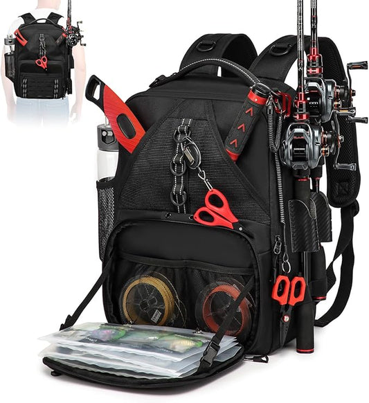 Fishing Tackle Backpack,Tackle Bags with 2 Rod Holders,Water-Resistant Tackle Bag Storage Bag for Fishing Gear(Black)