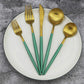 Green Handle Matte Gold Silverware, Gugrida 5-Piece 18/10 Stainless Steel Flatware Set, Kitchen Utensils, Tableware Travel Cutlery for Camping Office Lunch, Satin Finish, Dishwasher Safe