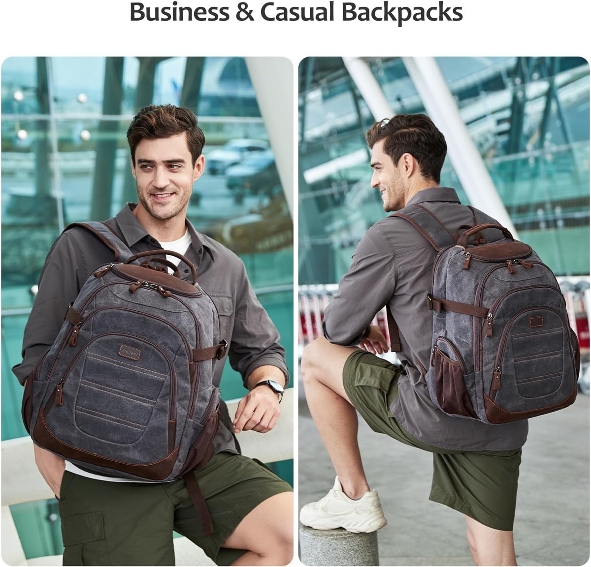 Travel Laptop Backpack 17.3 inch XL Computer Backpack for Men Waxed Canvas College Daypack Business Backpack Black Gray - Roamly