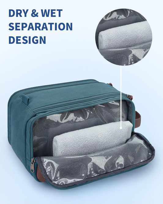 WANDF Toiletry Bag for Men Travel Toiletry Organizer Canvas and Leather Dopp Kit Water-Resistant Shaving Bag for Travel Accessories (Blue-Green, Large) - Roamly