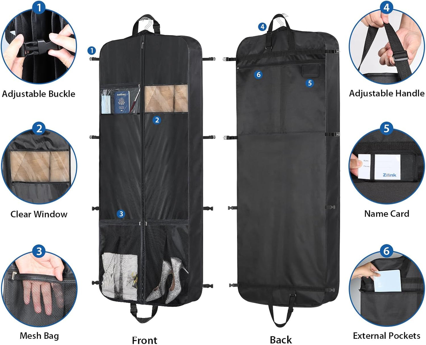 Zilink 60” Travel Garment Bags for Hanging Clothes Waterproof Long Garment Bags for Dresses with Accessory Pouch Suit Travel Bags with Adjustable Handles and Buckles for Suit Tuxedos Dresses Gowns