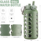 MUKOKO 64oz Glass Water Bottles with Straw and Lid,Half Gallon Water Bottle with Time Marker,Large Glass Water Jug with Silicone Sleeve and Stainless Steel Handle-Olive