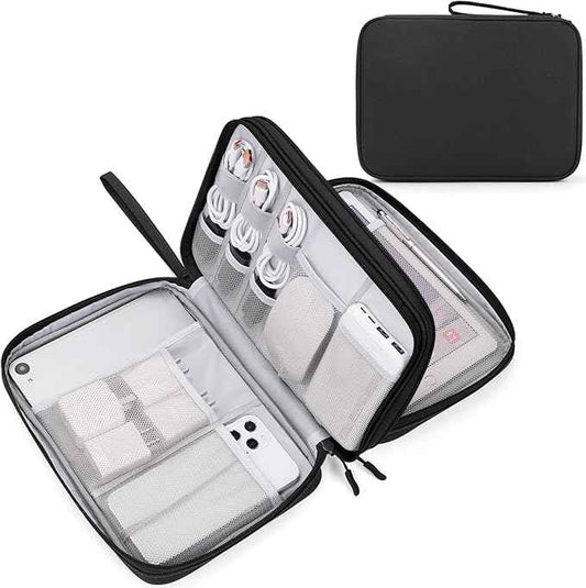 FYY Electronic Organizer, Extra Large Travel Cable Organizer Bag Pouch Portable Waterproof Double Layers All-in-One Storage Bag for iPad, Cable, Power Bank, Laptop Charger for Office/Home, Black