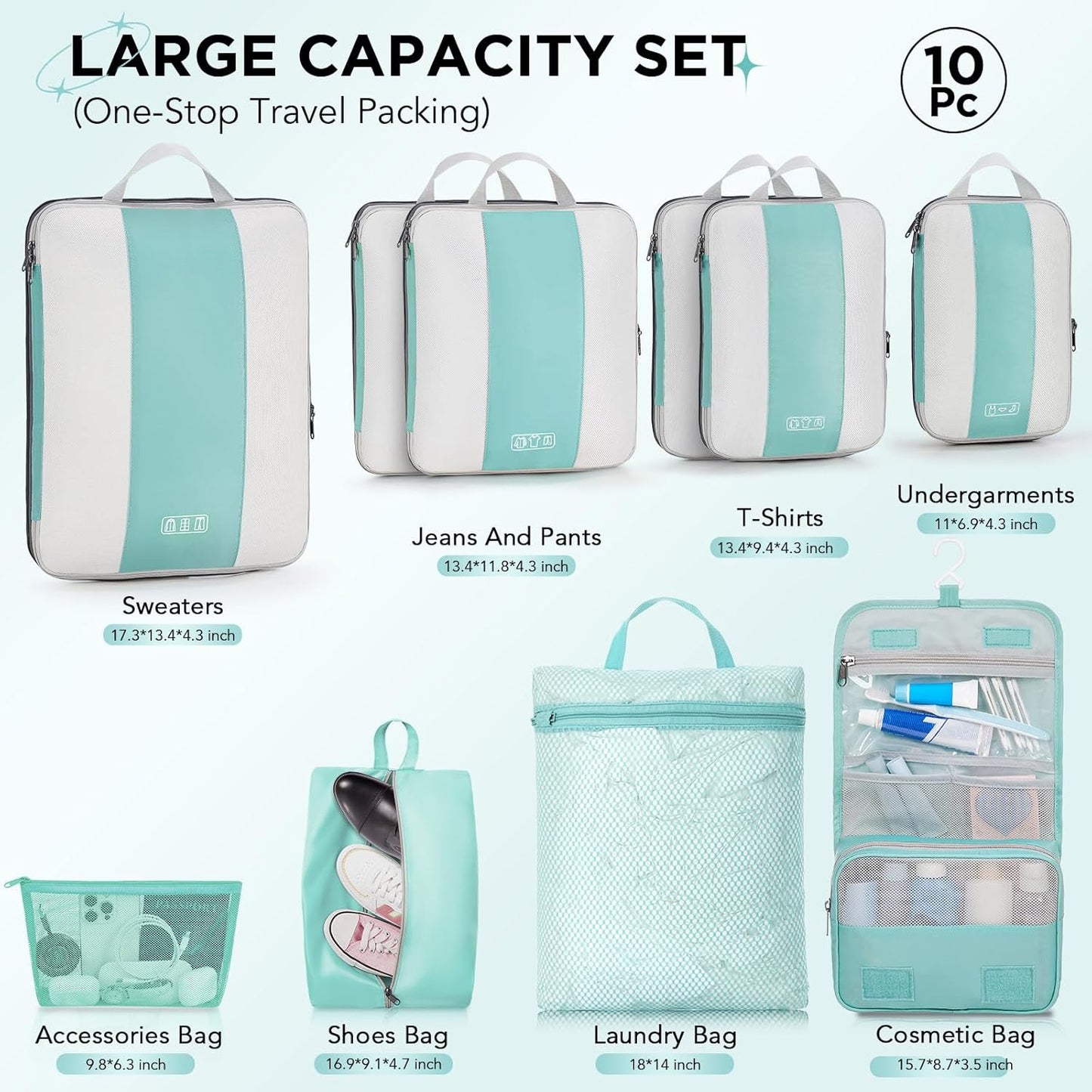 10 Set Compression Packing Cubes for Travel Essentials,Compressible Expandable Packing Cubes for Suitcase,OlarHike Luggage Organizer Bags for Travel,Handy Helper for Organizing Clothes(New Blue Green) - Roamly