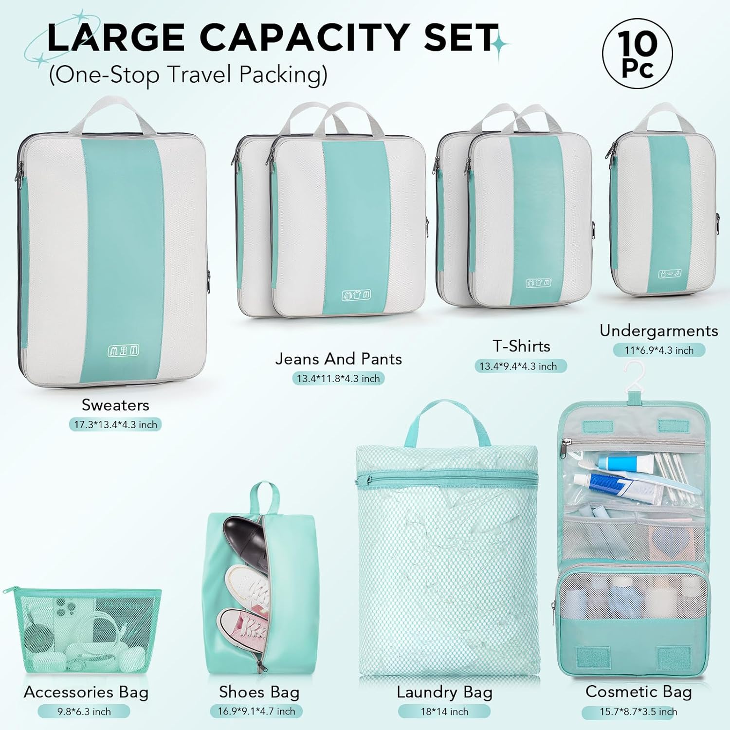 10 Set Compression Packing Cubes for Travel Essentials,Compressible Expandable Packing Cubes for Suitcase,OlarHike Luggage Organizer Bags for Travel,Handy Helper for Organizing Clothes(New Blue Green) - Roamly