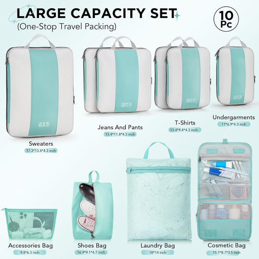 10 Set Compression Packing Cubes for Travel Essentials,Compressible Expandable Packing Cubes for Suitcase,OlarHike Luggage Organizer Bags for Travel,Handy Helper for Organizing Clothes(New Blue Green) - Roamly