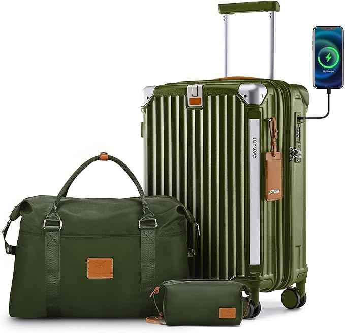 Joyway 20in Carry On Luggage with Cup Holder and USB Port, 25% Expandable Capacity, Smart Suitcase with Anti Slip Wheels and Handbag, Perfect for Men and Women 3 Piece Set DarkGreen
