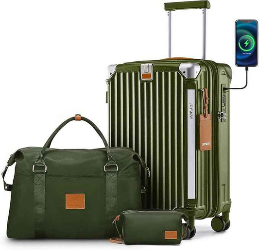 Joyway 20in Carry On Luggage with Cup Holder and USB Port, 25% Expandable Capacity, Smart Suitcase with Anti Slip Wheels and Handbag, Perfect for Men and Women 3 Piece Set DarkGreen