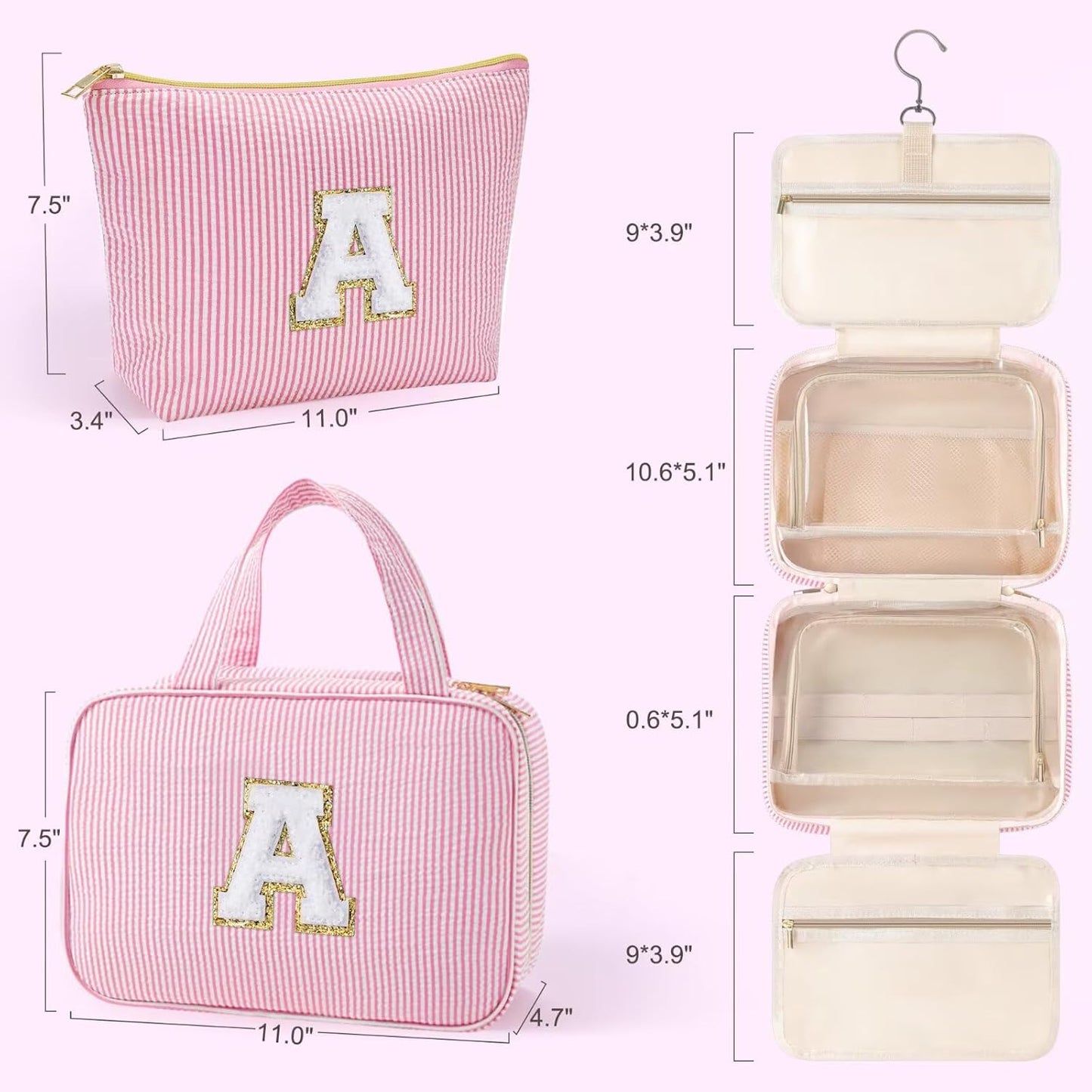 YOOLIFE Travel Toiletry Bag Makeup Bag - Hanging Toiletry Bag for Women, Portable Toiletries Travel Bag and Cosmetic Bag, Airplane Travel Essentials Travel Toiletry Bag - Letter J, Pink