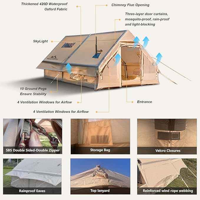 Inflatable Camping Tents 8-10 Person,129 Square Feets Large Inflatable Camping Tent with Stove Jack,Blow up Tent with Mesh Windows & Pump