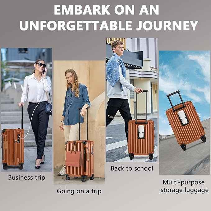 Joyway 20in Carry On Luggage with Cup Holder and USB Port, 25% Expandable Capacity, Smart Suitcase Set with Anti Slip Wheels and Handbag, Perfect for Men and Women (Brown, Carry-On 20-Inch Handbag)