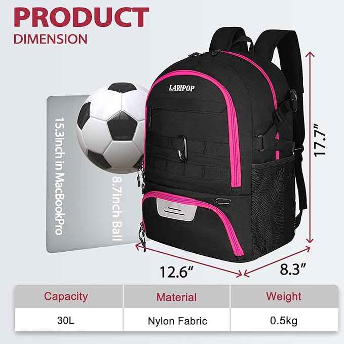 LARIPOP Soccer Backpack Soccer Bag with Ball Holder & Shoe Compartment Youth Sports Equipment Training Bag