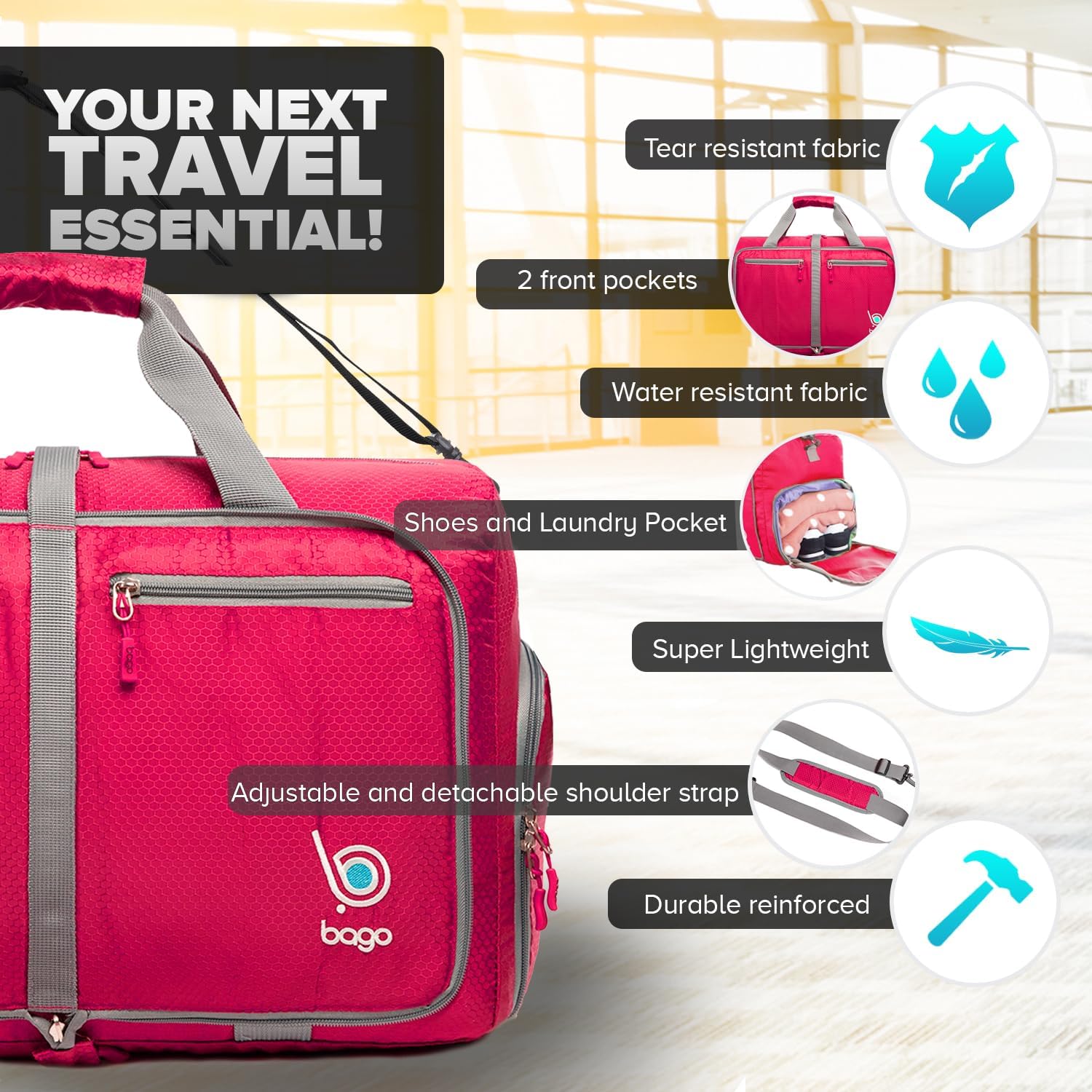 Bago Foldable Duffel Bags for Traveling Women & Men - 40L Sports Packable Duffle Bag for Travel with Shoe Compartment - Water Repellant, Heavy Duty, Lightweight Folding & Collapsible (Pink) - Roamly