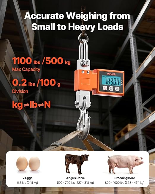VEVOR Digital Crane Scale, 1100 lbs/500 kg Max Capacity, Heavy Duty Industrial Hanging Scale with Cast Aluminum Case & LCD Display, 0.2 lbs Division & 3 Unit Switch, Auto-Off Setting for Garage