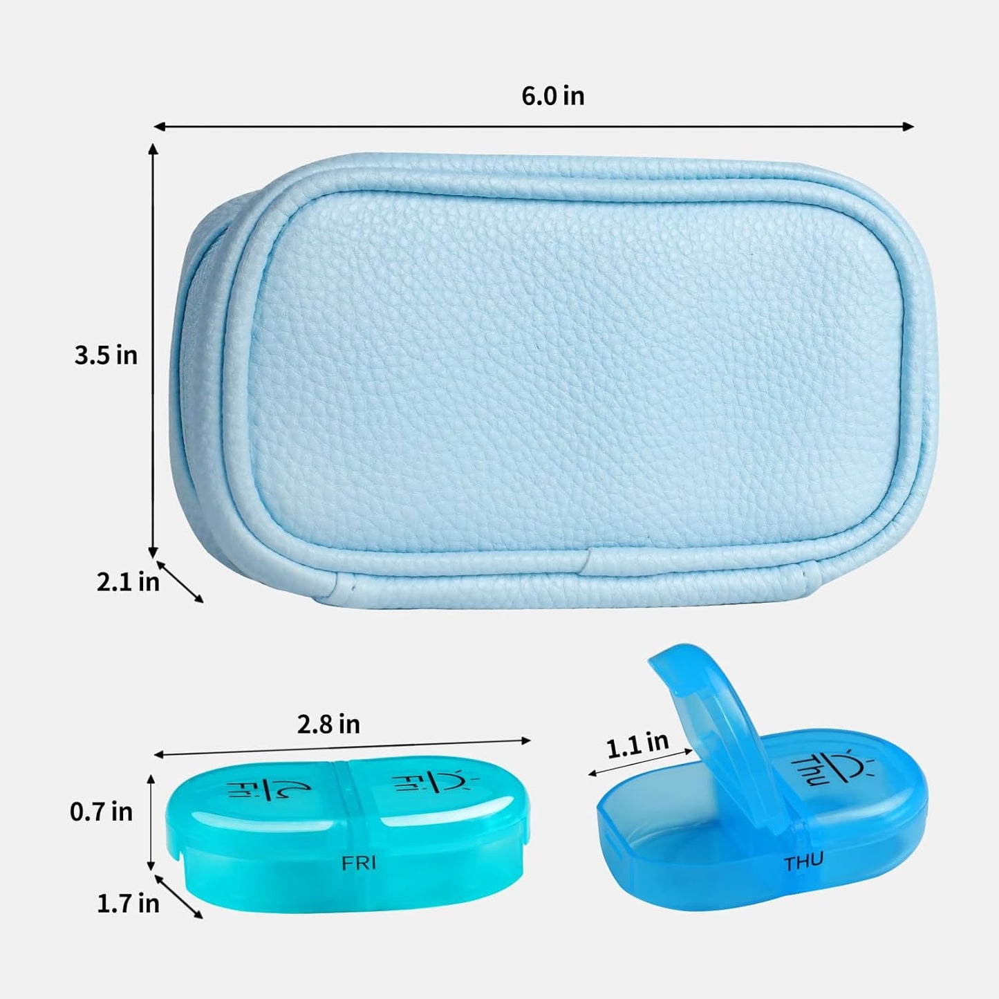 Serfeymi Weekly Travel Pill Organizer 2 Times A Day AM PM Upgraded Rainbow Pill Box 7 Day with Portable Zipper PU Leather Pill Case, Medicine Organizer for Pills, Vitamins, Fish Oils - Blue 01