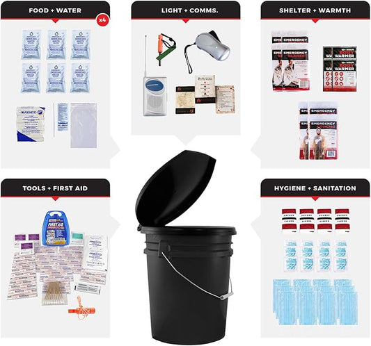 4 Person Necessity Survival Kit, Bucket and Lid, Closeable Toilet Seat Lid, Classroom Lockdown Kit, Office Emergency Kit, Food and Water Plus Survival Tools and Supplies