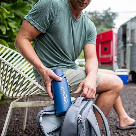 LifeStraw Go Stainless Steel Water Filter Bottle with 2-Stage Integrated Filter Straw, Double Wall Vacuum Insulated, for Hiking, Backpacking, and Travel, 24oz, Blue