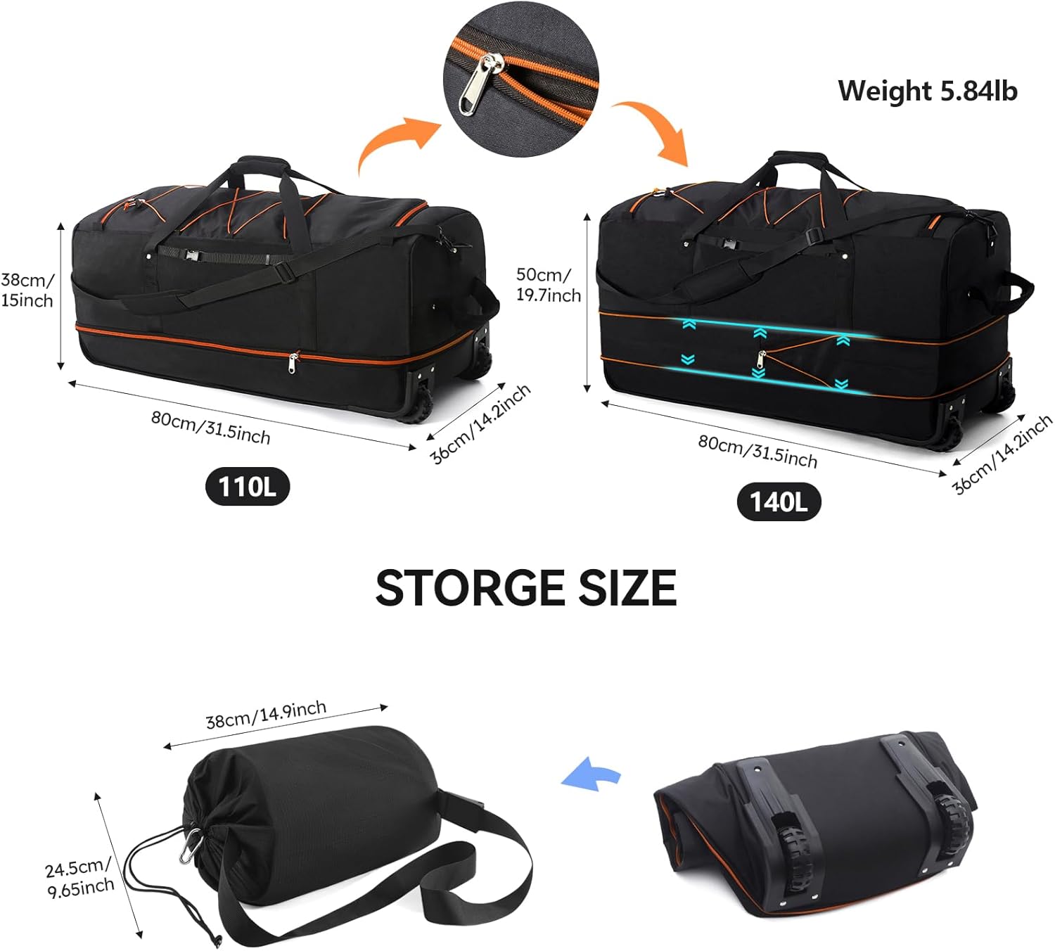 110L/140L Expandable Soft-Sided Foldable Duffle Bag with 2 Rubber Wheels,Packable 32” Rolling Carry-On with Multi-Pockets & Compartments,Black Orange - Roamly