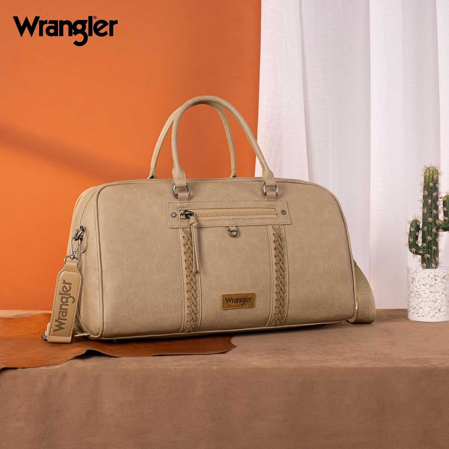 Wrangler Travel Duffel Bag Large Weekender Bag for Women Designer Carry on Overnight Bag for Trips Leather Luggage Bag Khaki - Roamly