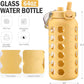 MUKOKO 64oz Glass Water Bottles with Straw and Lid,Half Gallon Water Bottle with Time Marker,Large Glass Water Jug with Silicone Sleeve and Stainless Steel Handle-Yellow