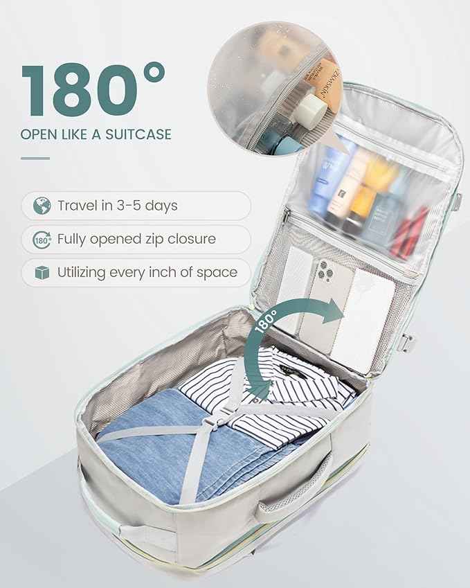 LOVEVOOK Travel Backpack for Women & Men 40L,Airline Approved Carry On Backpack Travel Essentials,TSA Carry on Luggage,Waterproof Personal Item Travel Bag,Suitcase with 3 Cubes,Light grey-Mint green