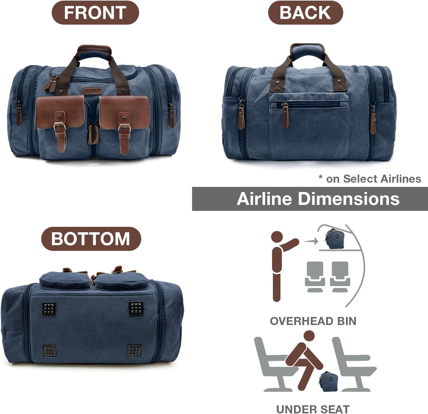 Wildroad 50L Travel Duffel Bag, Expandable Canvas Genuine Leather Duffle Bag Upgraded Overnight Weekender Carry on Bag (Navy Blue, Large-50L) - Roamly