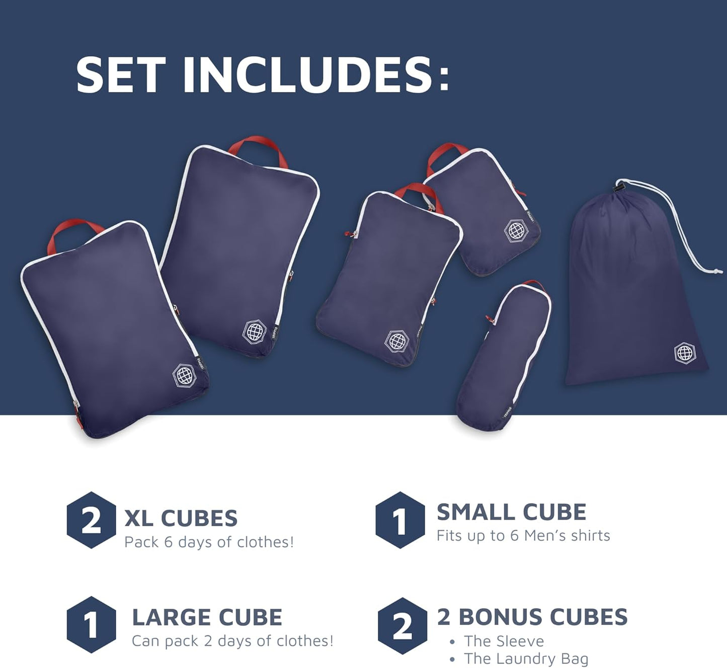 Large Compression Packing Cubes 6 Piece Set for Travel with Lightweight Laundry Bag for Carry-On Suitcase by TRIPPED Travel Gear (Navy) - Roamly