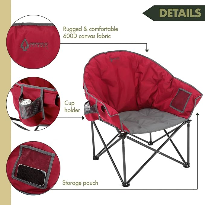 ARROWHEAD OUTDOOR Oversized Heavy-Duty Club Folding Camping Chair with Pocket, Cup Holder, Portable, Padded, Moon, Round, Saucer, Supports 330lbs, Carrying Bag