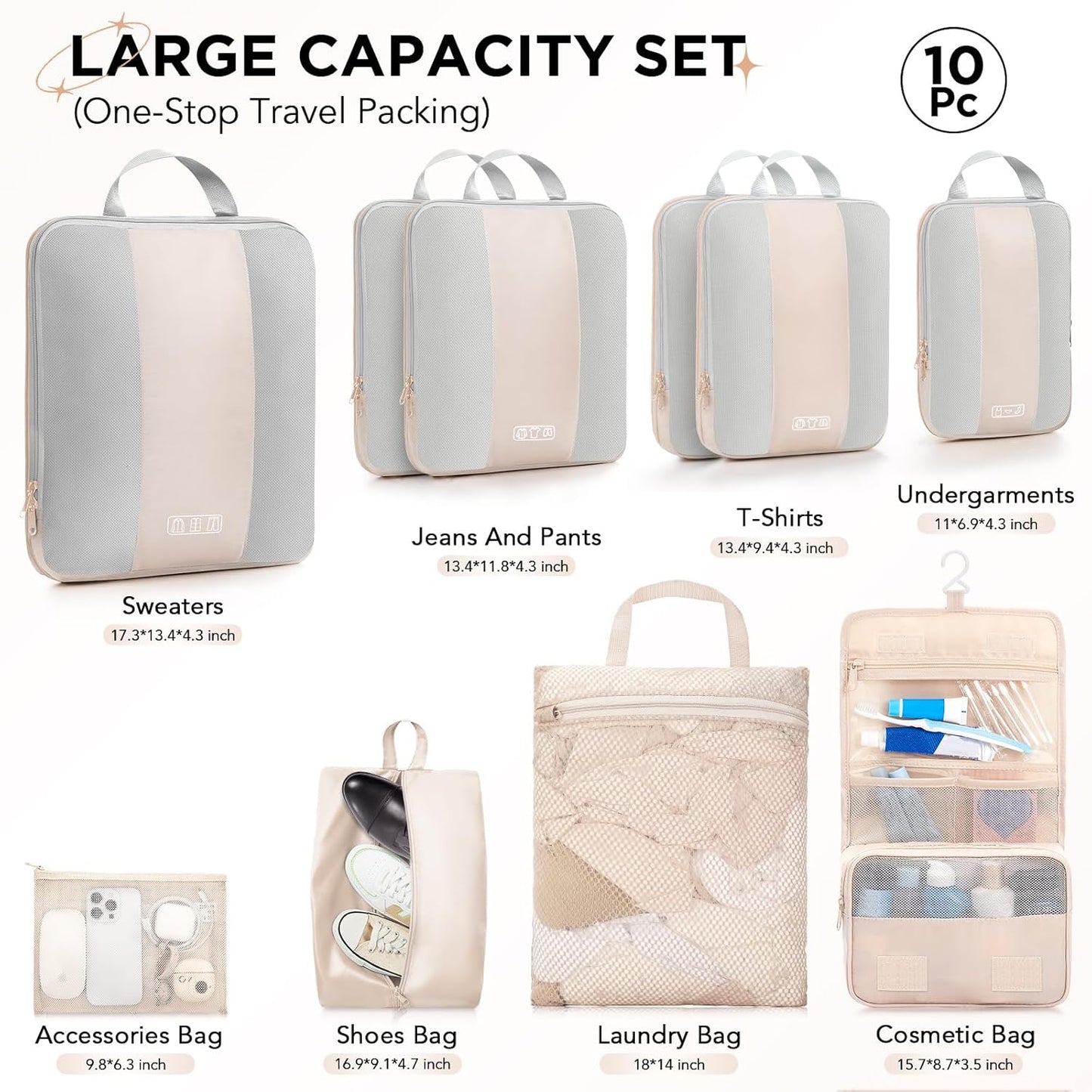 10 Set Compression Packing Cubes for Travel Women Mom,OlarHike Luggage Clothes Storage Gifts for Travelers,Airplane/Cruise/Car/Train Travel Essentials,Compressible Expandable Saver Space Bags(Beige) - Roamly