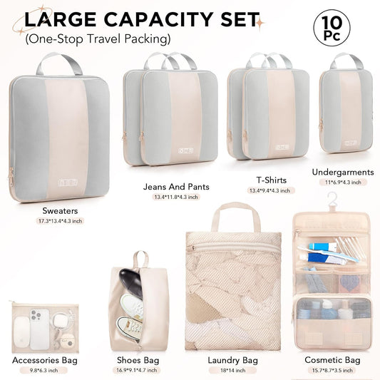 10 Set Compression Packing Cubes for Travel Women Mom,OlarHike Luggage Clothes Storage Gifts for Travelers,Airplane/Cruise/Car/Train Travel Essentials,Compressible Expandable Saver Space Bags(Beige) - Roamly