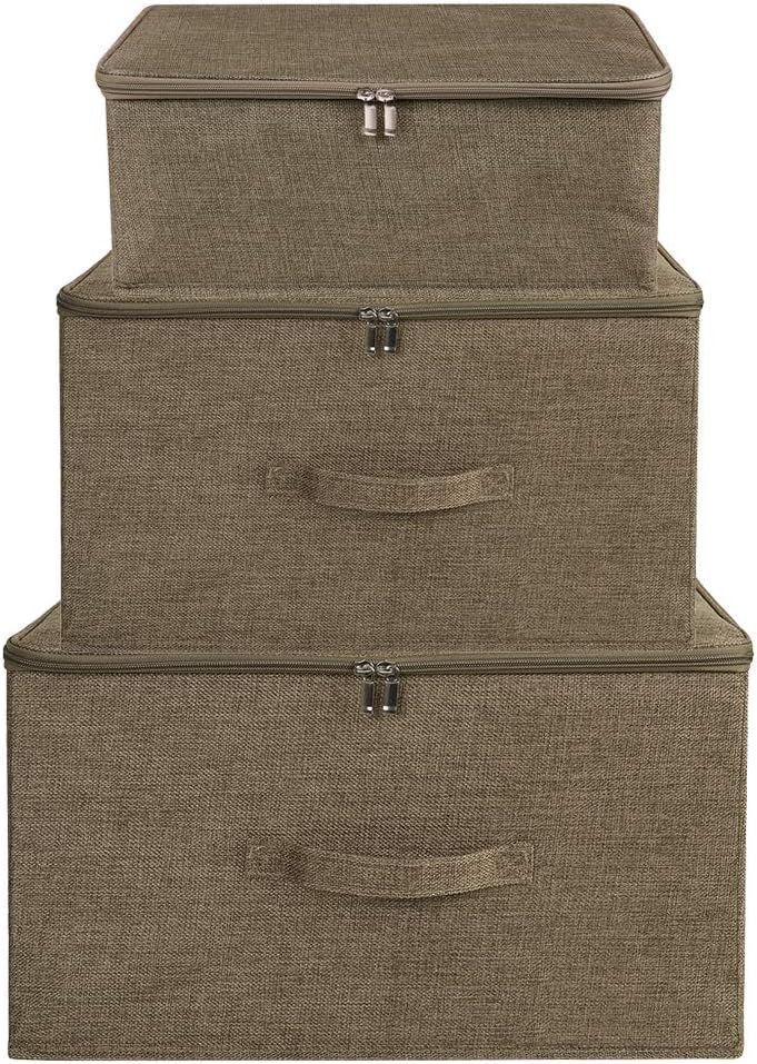 ANMINY Storage Bins with Zipper Lids 13 Qt Lidded Fabric Storage Boxes Baskets Cubes with Handles Collapsible Washable Cotton Linen Closet Shelf Clothes Organizer Containers - Coffee, Small