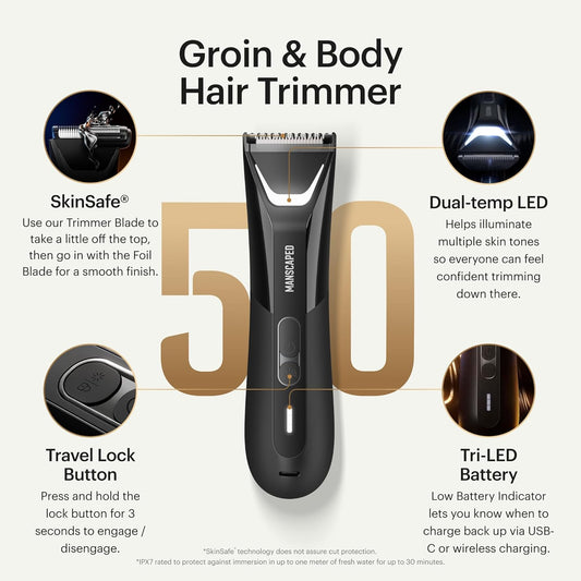 MANSCAPED® The Lawn Mower® 5.0 Ultra Groin & Body Hair Trimmer – Dual-Head SkinSafe® Trimmer & Foil Blades, Waterproof Wet/Dry Groomer, USB-C Rechargeable with Travel Case, Men’s Ball Shaver, Black