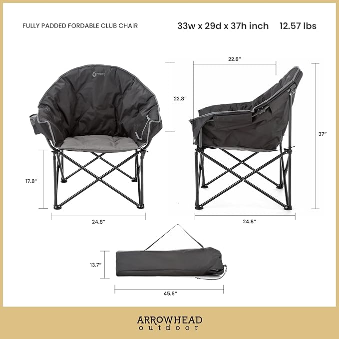ARROWHEAD OUTDOOR 2-Pack Oversized Heavy-Duty Club Folding Camping Chair w/Pocket, Cup Holder, Portable, Padded, Moon, Round, Saucer, Supports 330lbs