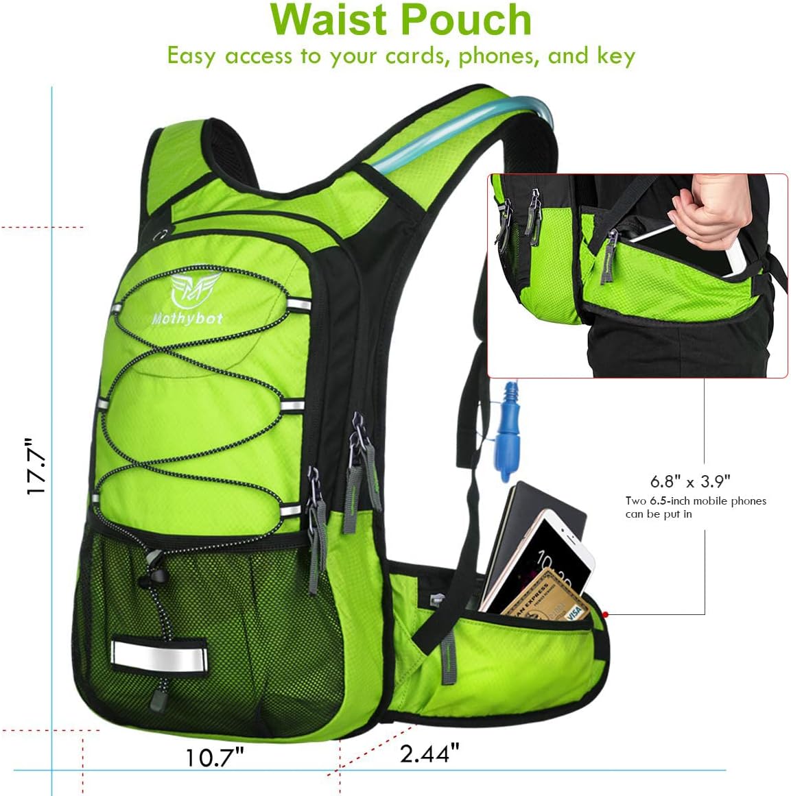 Insulated Hydration Backpack Pack with 3L BPA Free Leak Proof Water Bladder, Large Storage Lightweight Hiking Daypack with Waist Pouches & Cooler Layer, for Running, Biking, Camping, Festival - Roamly