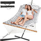 2 Person Outdoor Hammock with Stand, Cotton Rope Hammock with Polyester Pad, Adjustable Steel Frame, Portable with Carrying Bag – for Patio, Backyard, Garden, Beach, White-Gray