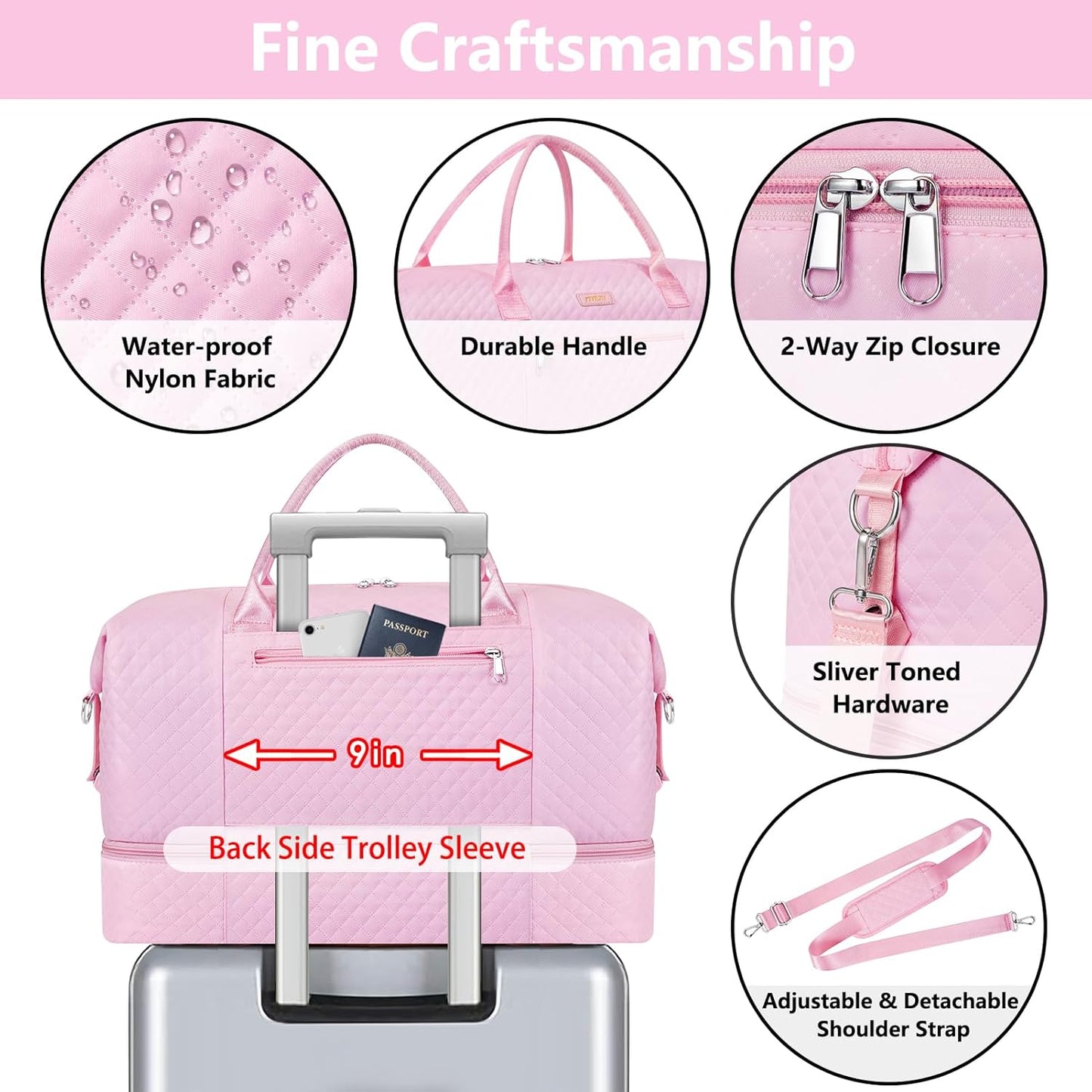 Weekender Bag for Women, Travel Duffel Bag Carry On Overnight Bag with Shoe Compartment Large Nylon Travel Weekend Tote Bag - Roamly