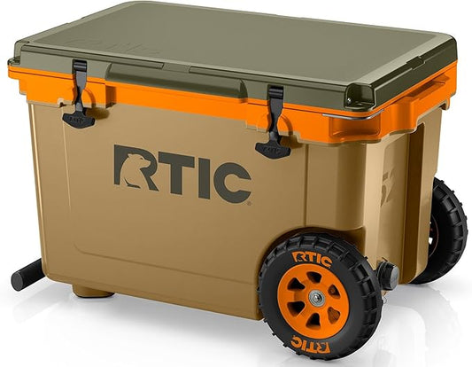 RTIC 52 Quart Ultra-Light Wheeled Hard Cooler Insulated Portable Ice Chest Box for Beach, Drink, Beverage, Camping, Picnic, Fishing, Boat, Barbecue, 30% Lighter Than Rotomolded Coolers