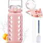 MUKOKO 64oz Glass Water Bottles with Straw and Lid,Half Gallon Water Bottle with Time Marker,Large Glass Water Jug with Silicone Sleeve and Stainless Steel Handle-Pink