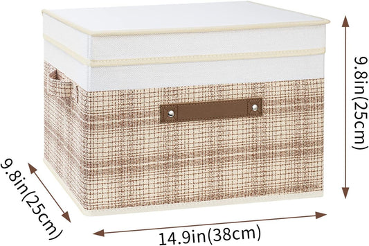 TYEERS Collapsible Storage Bins with Lids, Patchwork Design, Washable, Fabric Storage Boxes, 14.9x9.8x9.8 inches, 5 Pack, Camel Tan