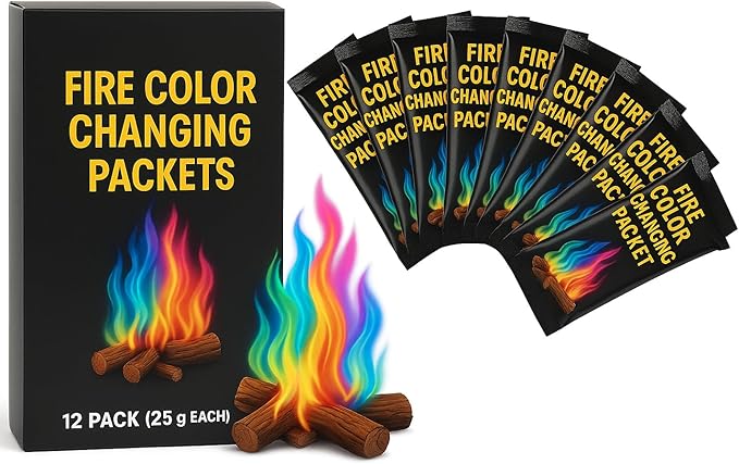 Magic Campfire Fire Color Changing Packets – 12 Pack (25g Each) – Rainbow Magical Flames for Fire Pits, Bonfires, Fireplaces – Indoor & Outdoor Use – Camping Accessory for Wood Fires