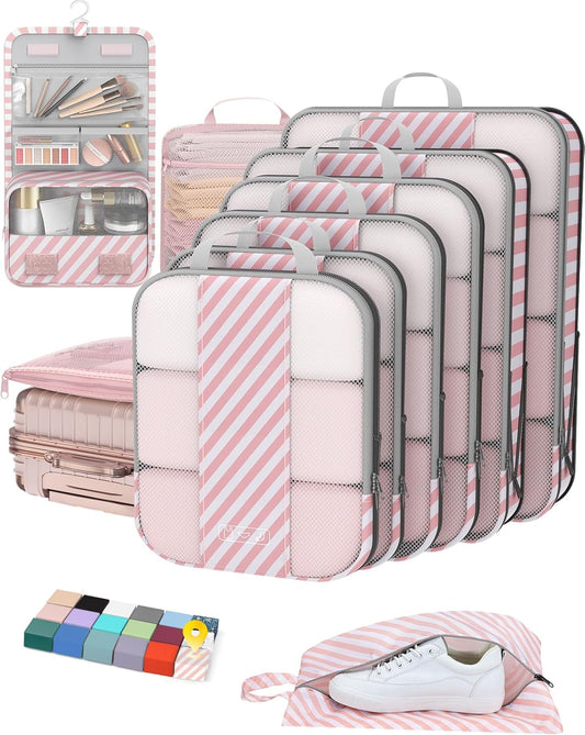 10 Set Compression Packing Cubes for Travel Essentials,Compressible Expandable Packing Cubes for Suitcase,OlarHike Luggage Organizer Bags for Travel,Handy Helper for Organizing Clothes(Pink Stripped) - Roamly