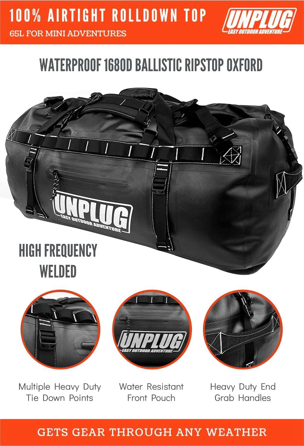 UNPLUG Ultimate Adventure Bag -1680D Heavy Duty Waterproof Travel Duffel Bags for Camping, Motorcycle Dry Bag, Waterproof Bags for Boating, Waterproof Duffle Backpack,Tactical Duffle Bag - Roamly
