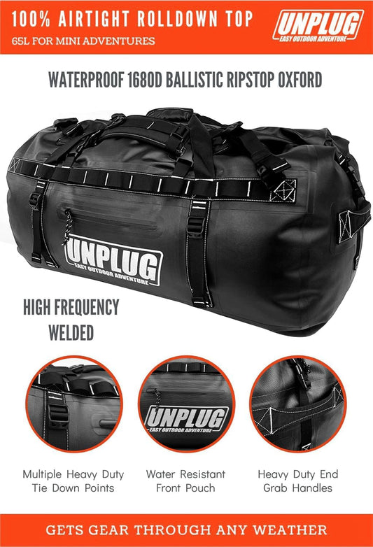 UNPLUG Ultimate Adventure Bag -1680D Heavy Duty Waterproof Travel Duffel Bags for Camping, Motorcycle Dry Bag, Waterproof Bags for Boating, Waterproof Duffle Backpack,Tactical Duffle Bag - Roamly