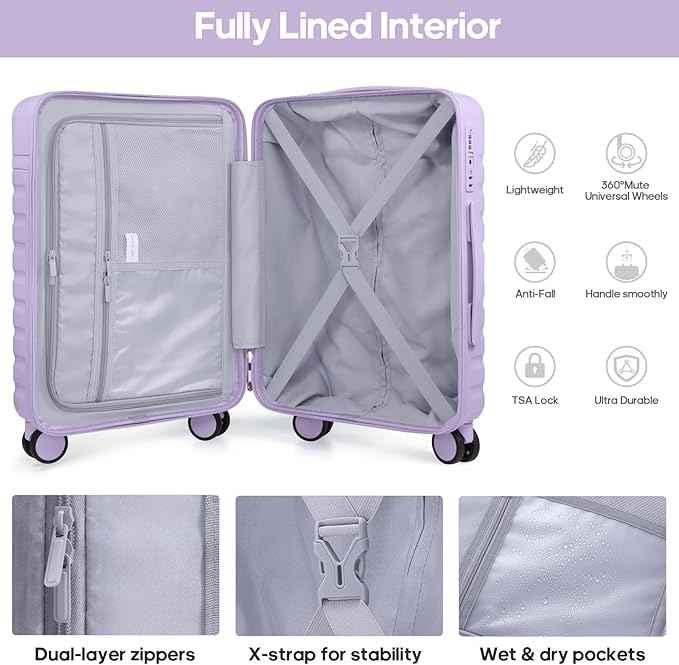 UKEIN Luggage Sets 3 Piece, Carry On Luggage 20In With Spinner Wheels,PC Hardside Suitcase Set with TSA Lock,Durable Carry On Suitcase With Travel Backpack for Men (Violet, 3 piece set (BP/20inch))