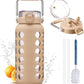 MUKOKO 64oz Glass Water Bottles with Straw and Lid,Half Gallon Water Bottle with Time Marker,Large Glass Water Jug with Silicone Sleeve and Stainless Steel Handle-Amber